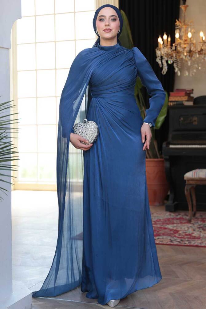 Tesettürlü Abiye Elbise - Pelerin Detaylı Lacivert Tesettür Abiye Elbise 52142L - 4