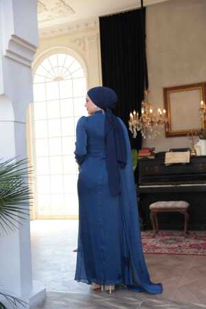 Tesettürlü Abiye Elbise - Pelerin Detaylı Lacivert Tesettür Abiye Elbise 52142L - 5