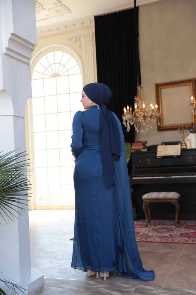 Tesettürlü Abiye Elbise - Pelerin Detaylı Lacivert Tesettür Abiye Elbise 52142L - 5
