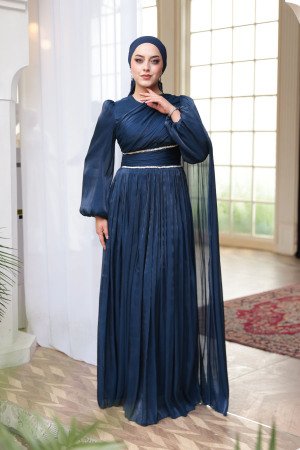 Tesettürlü Abiye Elbise - Pelerin Detaylı Lacivert Tesettür Abiye Elbise 53021L - 2