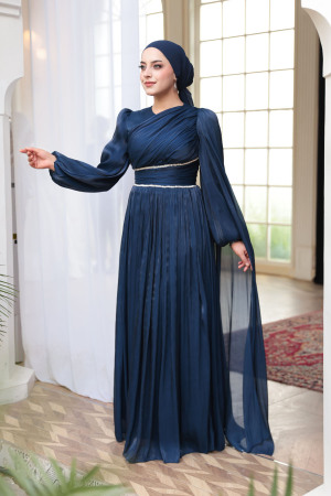 Tesettürlü Abiye Elbise - Pelerin Detaylı Lacivert Tesettür Abiye Elbise 53021L - 3