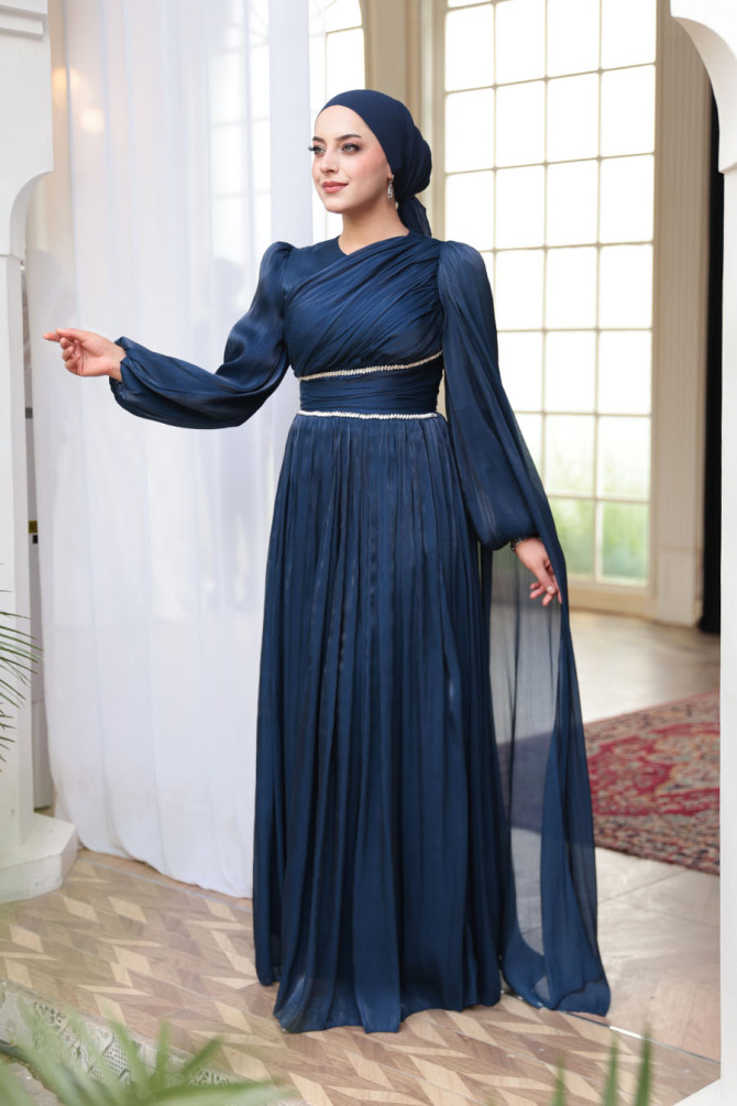 Tesettürlü Abiye Elbise - Pelerin Detaylı Lacivert Tesettür Abiye Elbise 53021L - 3