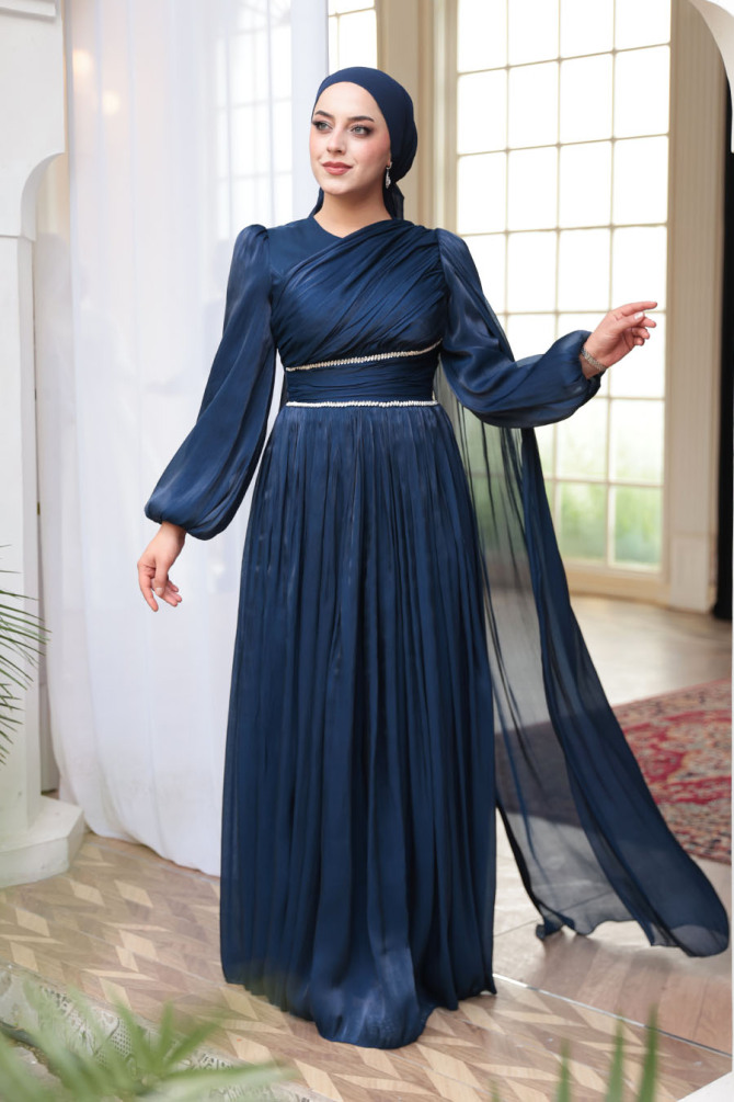 Tesettürlü Abiye Elbise - Pelerin Detaylı Lacivert Tesettür Abiye Elbise 53021L - N.S NEVA STYLE