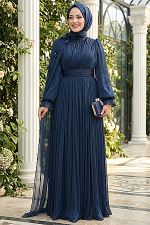Tesettürlü Abiye Elbise - Pelerin Detaylı Lacivert Tesettür Abiye Elbise 5394L 
