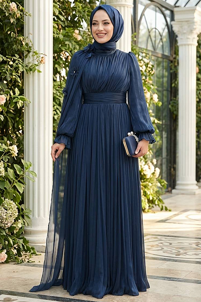 Tesettürlü Abiye Elbise - Pelerin Detaylı Lacivert Tesettür Abiye Elbise 5394L - 1