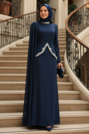 Tesettürlü Abiye Elbise - Pelerin Detaylı Lacivert Tesettür Abiye Elbise 54341L - N.S NEVA STYLE