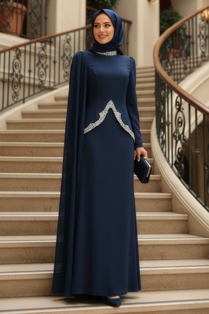 Tesettürlü Abiye Elbise - Pelerin Detaylı Lacivert Tesettür Abiye Elbise 54341L - 1