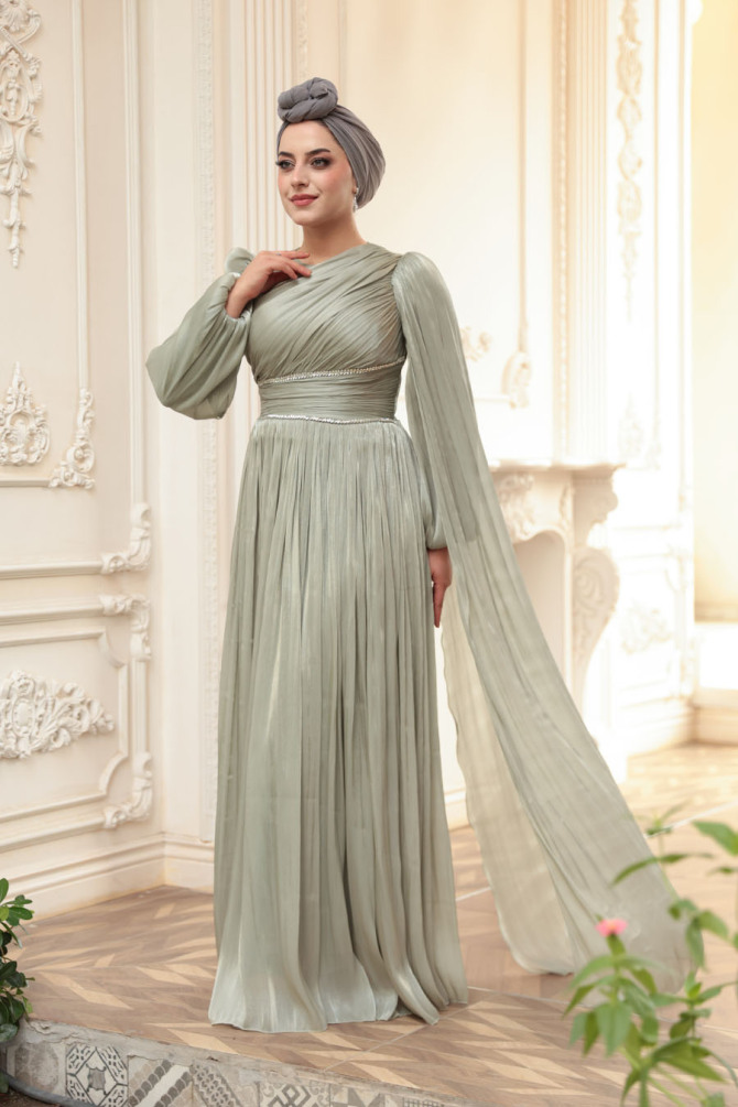 Tesettürlü Abiye Elbise - Pelerin Detaylı Mint Tesettür Abiye Elbise 53021MINT - 2