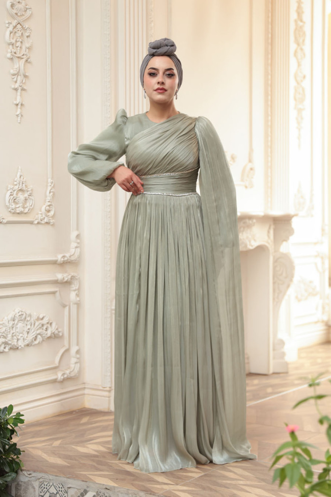 Tesettürlü Abiye Elbise - Pelerin Detaylı Mint Tesettür Abiye Elbise 53021MINT - 3