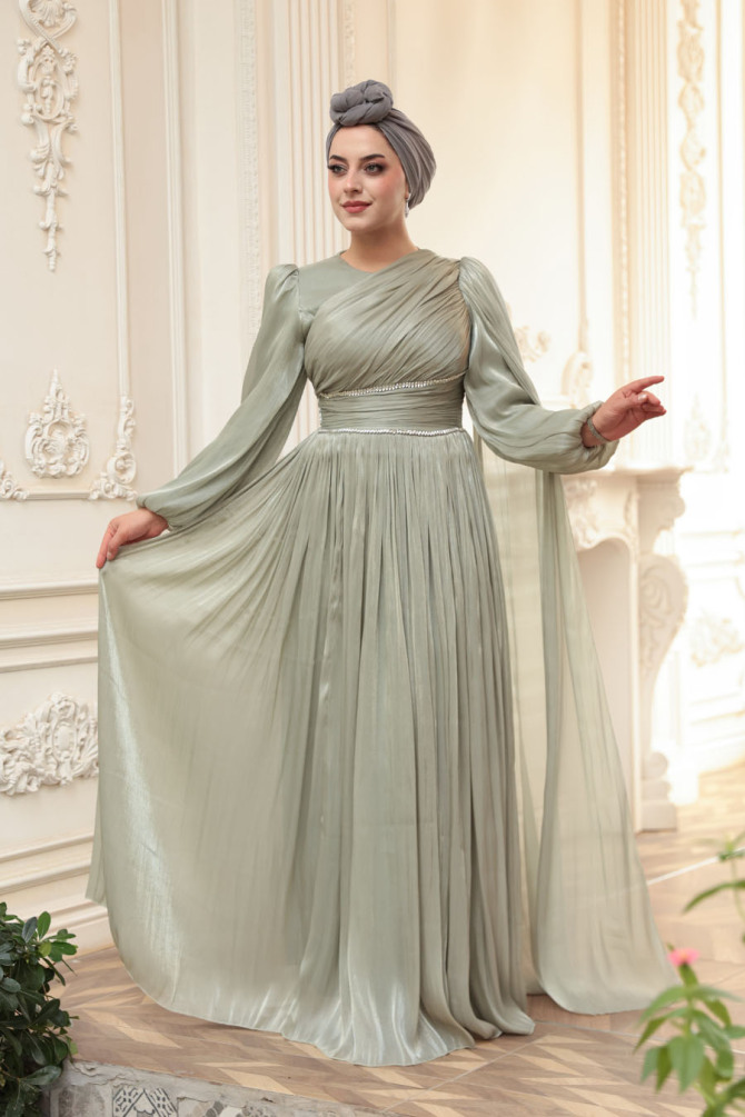 Tesettürlü Abiye Elbise - Pelerin Detaylı Mint Tesettür Abiye Elbise 53021MINT - N.S NEVA STYLE
