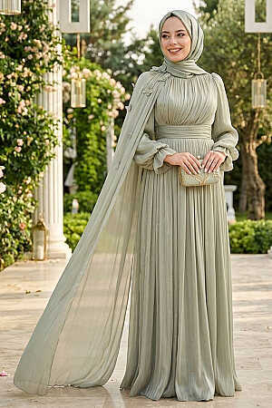 Tesettürlü Abiye Elbise - Pelerin Detaylı Mint Tesettür Abiye Elbise 5394MINT 