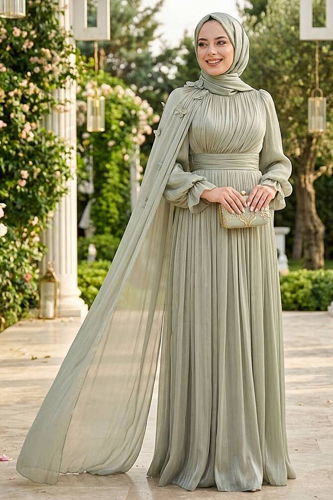 Tesettürlü Abiye Elbise - Pelerin Detaylı Mint Tesettür Abiye Elbise 5394MINT - 1
