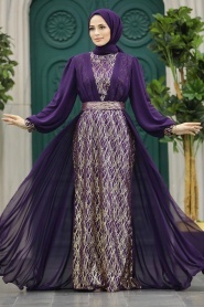 Tesettürlü Abiye Elbise - Pelerin Detaylı Mor Tesettür Abiye Elbise 50173MOR - Thumbnail