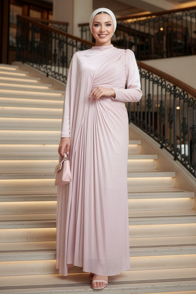 Tesettürlü Abiye Elbise - Pelerin Detaylı Pudra Tesettür Abiye Elbise 52142PD - 1