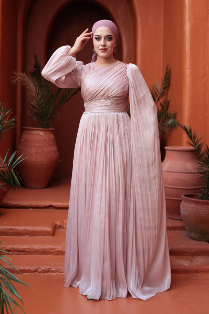 Tesettürlü Abiye Elbise - Pelerin Detaylı Pudra Tesettür Abiye Elbise 53021PD - 1