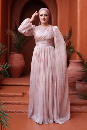 Tesettürlü Abiye Elbise - Pelerin Detaylı Pudra Tesettür Abiye Elbise 53021PD - 3