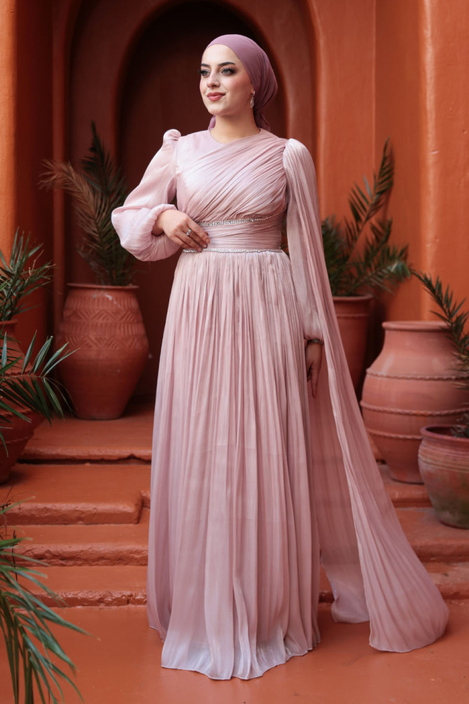 Tesettürlü Abiye Elbise - Pelerin Detaylı Pudra Tesettür Abiye Elbise 53021PD - 2
