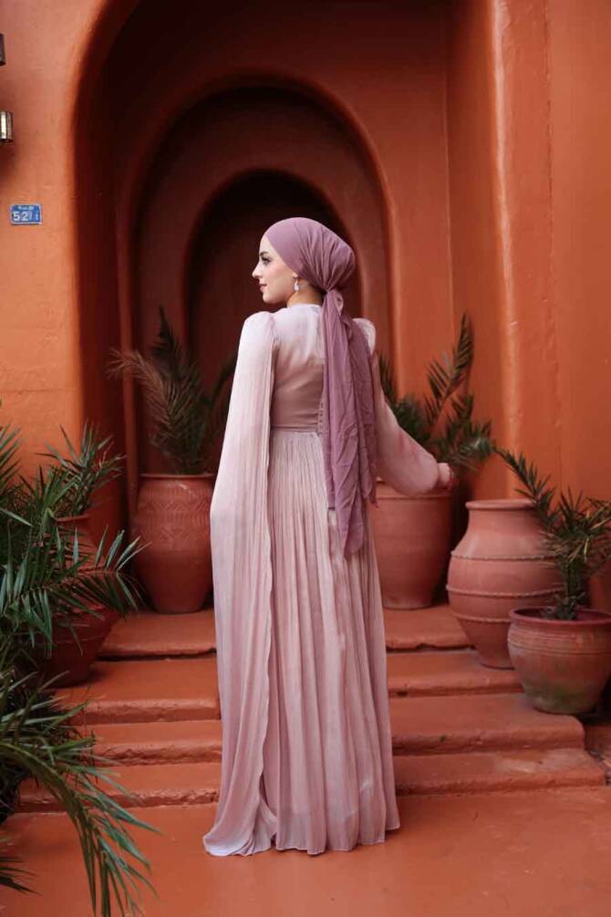 Tesettürlü Abiye Elbise - Pelerin Detaylı Pudra Tesettür Abiye Elbise 53021PD - 4