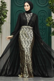 Tesettürlü Abiye Elbise - Pelerin Detaylı Siyah Tesettür Abiye Elbise 50173S - Thumbnail