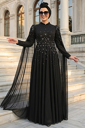 Tesettürlü Abiye Elbise - Pelerin Detaylı Siyah Tesettür Abiye Elbise 51171S - TESETTÜRLÜ ABİYE ELBİSELER