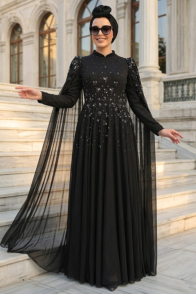 Tesettürlü Abiye Elbise - Pelerin Detaylı Siyah Tesettür Abiye Elbise 51171S - 1