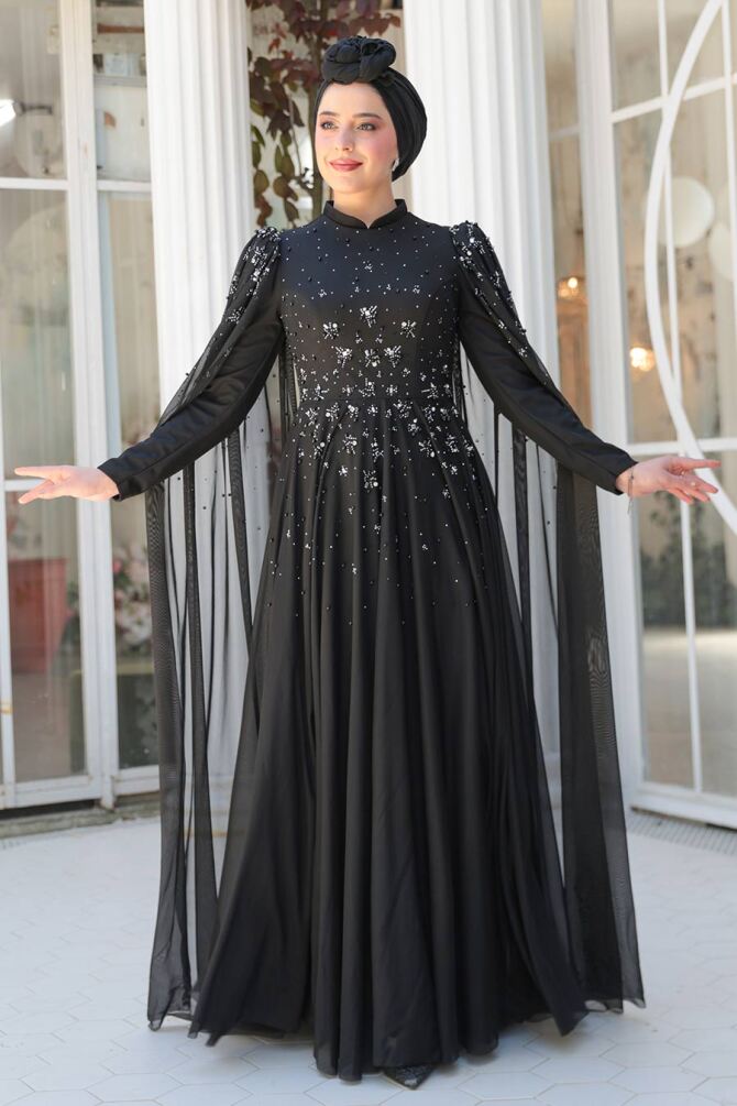 Tesettürlü Abiye Elbise - Pelerin Detaylı Siyah Tesettür Abiye Elbise 51171S - 2