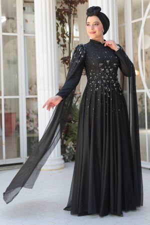 Tesettürlü Abiye Elbise - Pelerin Detaylı Siyah Tesettür Abiye Elbise 51171S - 3