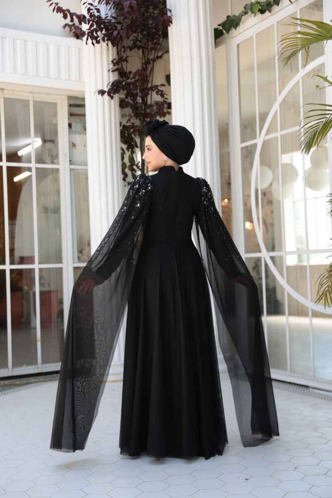 Tesettürlü Abiye Elbise - Pelerin Detaylı Siyah Tesettür Abiye Elbise 51171S - 4