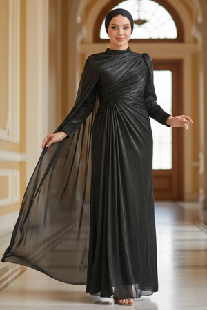 Tesettürlü Abiye Elbise - Pelerin Detaylı Siyah Tesettür Abiye Elbise 52142S - N.S NEVA STYLE