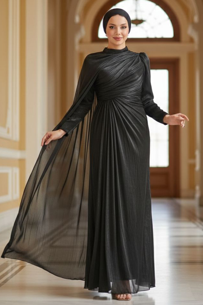 Tesettürlü Abiye Elbise - Pelerin Detaylı Siyah Tesettür Abiye Elbise 52142S - 1
