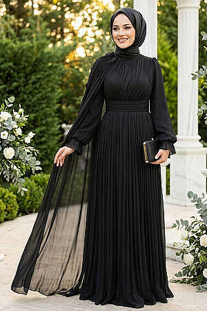 Tesettürlü Abiye Elbise - Pelerin Detaylı Siyah Tesettür Abiye Elbise 5394S 