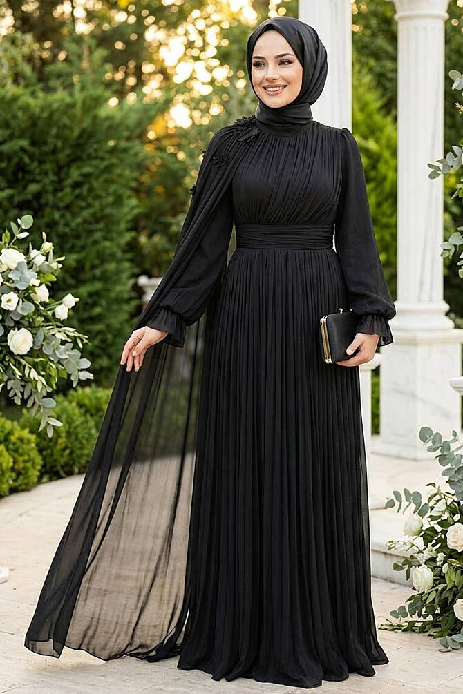 Tesettürlü Abiye Elbise - Pelerin Detaylı Siyah Tesettür Abiye Elbise 5394S - 1