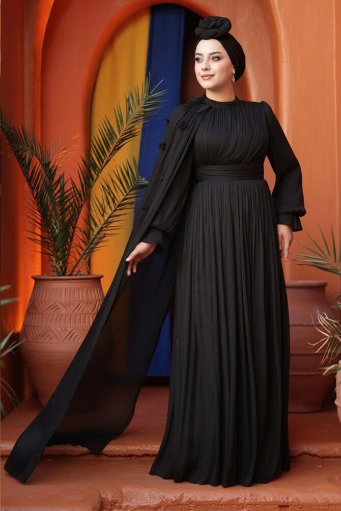 Tesettürlü Abiye Elbise - Pelerin Detaylı Siyah Tesettür Abiye Elbise 5394S - N.S NEVA STYLE