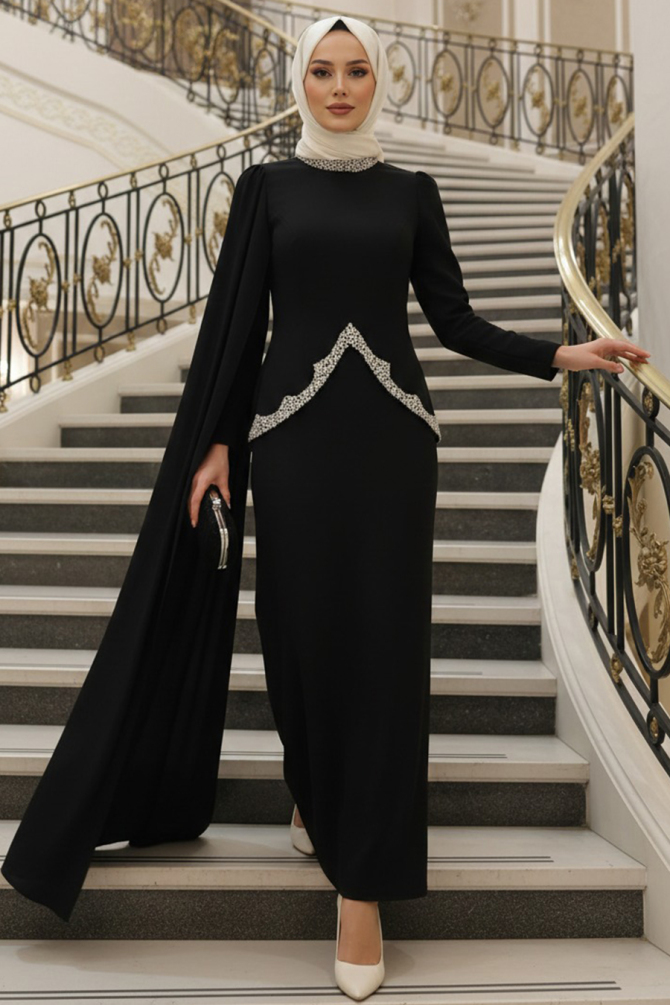 Tesettürlü Abiye Elbise - Pelerin Detaylı Siyah Tesettür Abiye Elbise 54341S - 1