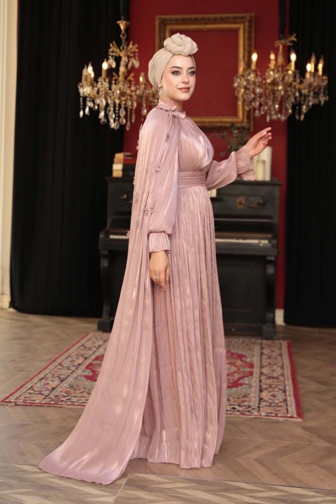 Tesettürlü Abiye Elbise - Pelerin Detaylı Somon Tesettür Abiye Elbise 5394SMN - N.S NEVA STYLE