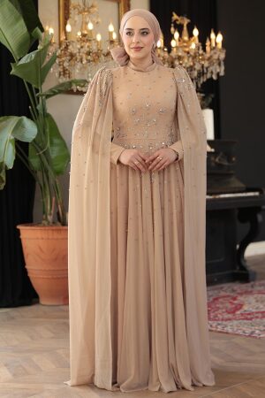 Tesettürlü Abiye Elbise - Pelerin Detaylı Vizon Tesettür Abiye Elbise 51171V 