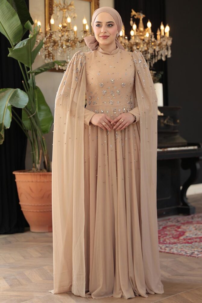 Tesettürlü Abiye Elbise - Pelerin Detaylı Vizon Tesettür Abiye Elbise 51171V - TESETTÜRLÜ ABİYE ELBİSELER