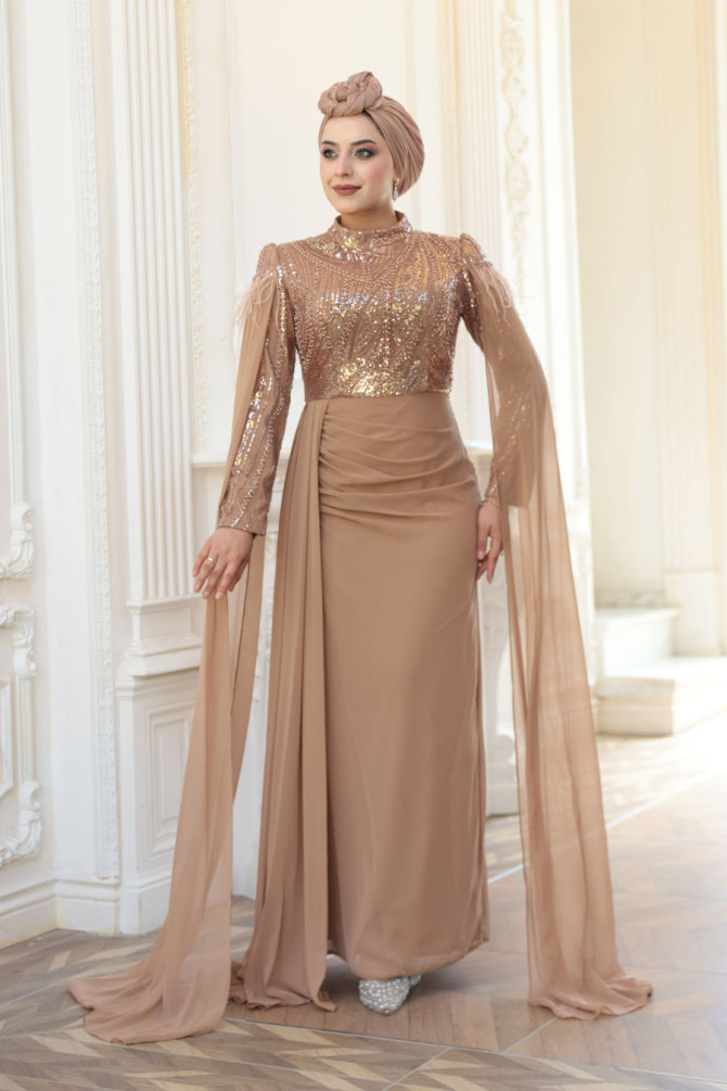 Tesettürlü Abiye Elbise - Pelerin Detaylı Vizon Tesettür Abiye Elbise 52592V - 2