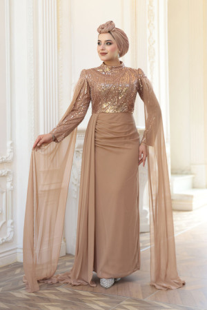 Tesettürlü Abiye Elbise - Pelerin Detaylı Vizon Tesettür Abiye Elbise 52592V - N.S NEVA STYLE