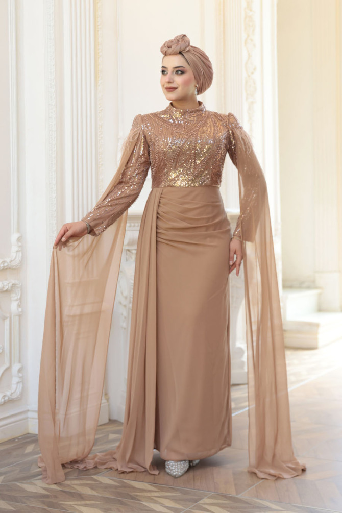 Tesettürlü Abiye Elbise - Pelerin Detaylı Vizon Tesettür Abiye Elbise 52592V - N.S NEVA STYLE