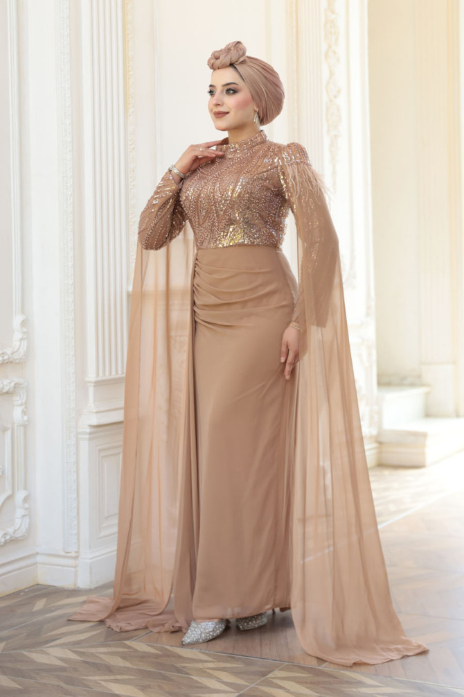 Tesettürlü Abiye Elbise - Pelerin Detaylı Vizon Tesettür Abiye Elbise 52592V - 3