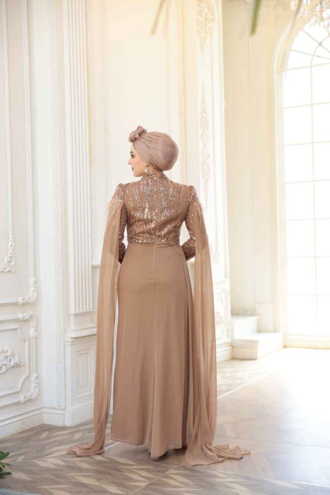 Tesettürlü Abiye Elbise - Pelerin Detaylı Vizon Tesettür Abiye Elbise 52592V - 4