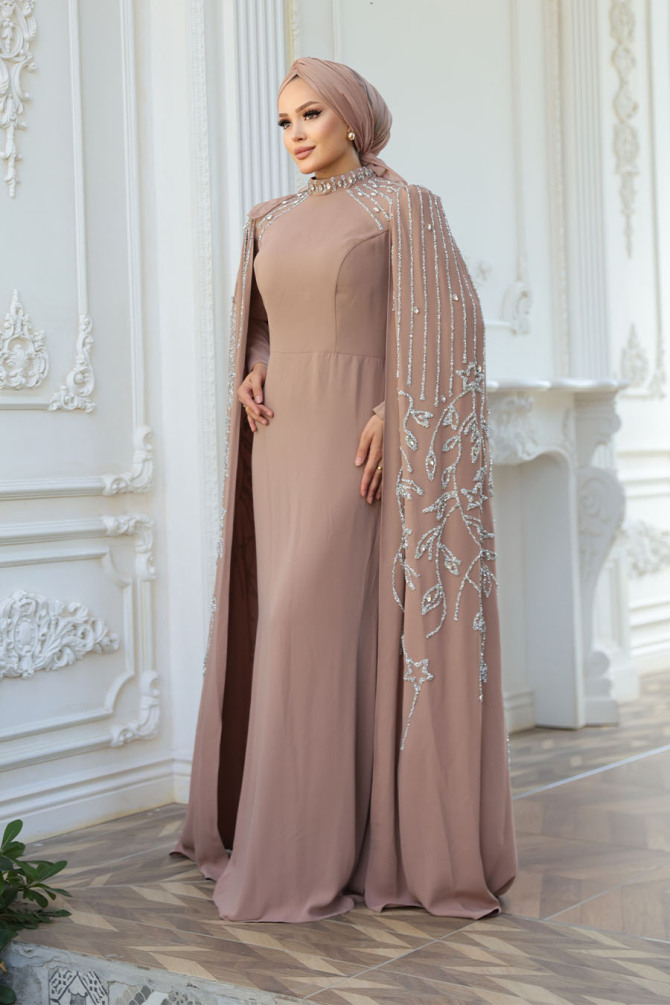 Tesettürlü Abiye Elbise - Pelerin Detaylı Vizon Tesettür Abiye Elbise 52601V - N.S NEVA STYLE