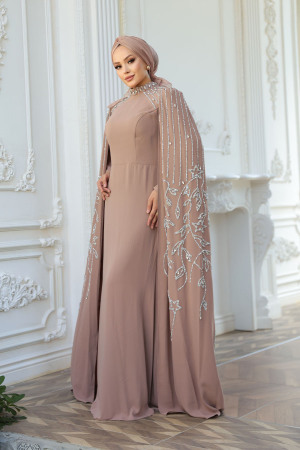 Tesettürlü Abiye Elbise - Pelerin Detaylı Vizon Tesettür Abiye Elbise 52601V - 2