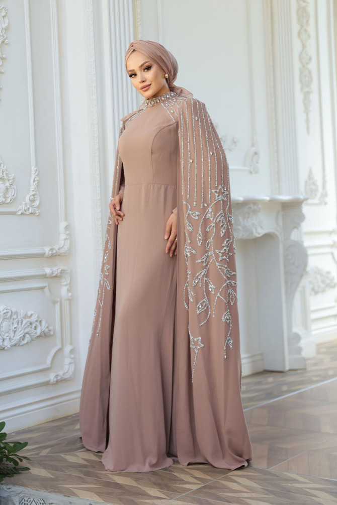 Tesettürlü Abiye Elbise - Pelerin Detaylı Vizon Tesettür Abiye Elbise 52601V - 2