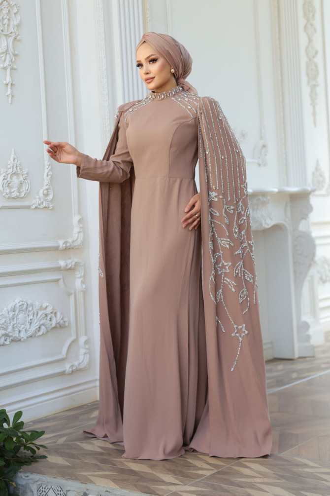 Tesettürlü Abiye Elbise - Pelerin Detaylı Vizon Tesettür Abiye Elbise 52601V - 3