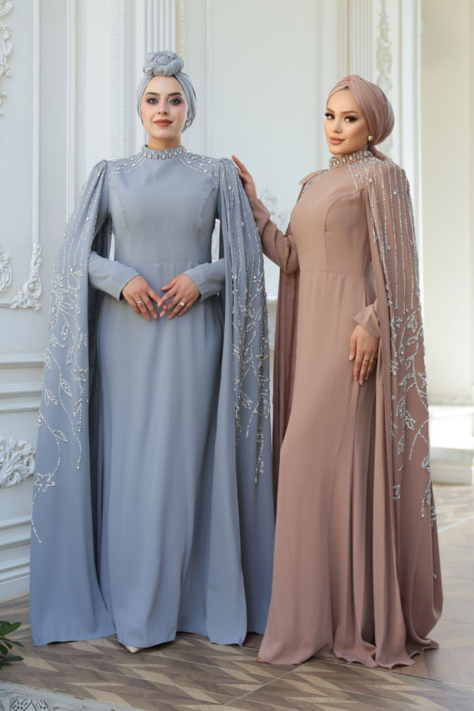 Tesettürlü Abiye Elbise - Pelerin Detaylı Vizon Tesettür Abiye Elbise 52601V - 4