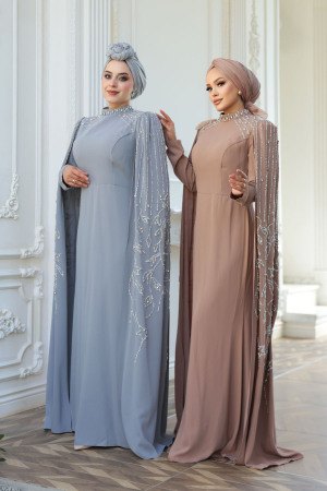 Tesettürlü Abiye Elbise - Pelerin Detaylı Vizon Tesettür Abiye Elbise 52601V - 5