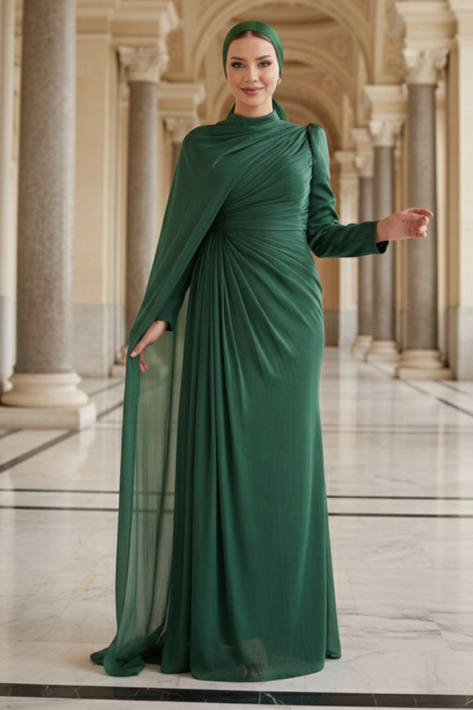 Tesettürlü Abiye Elbise - Pelerin Detaylı Yeşil Tesettür Abiye Elbise 52142Y - 1
