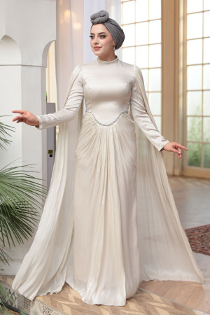 Tesettürlü Abiye Elbise - Pelerinli Bej Tesettür Abiye Elbise 5418BEJ - 1